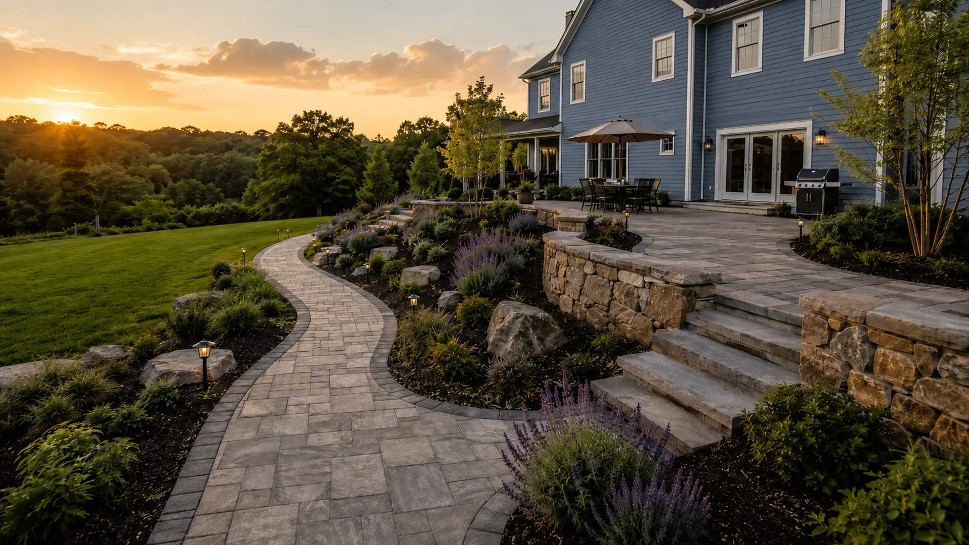 Completed stone paver patio with retaining wall and landscaping in Johnston, Rhode Island — Reyes Landscaping and Maintenance